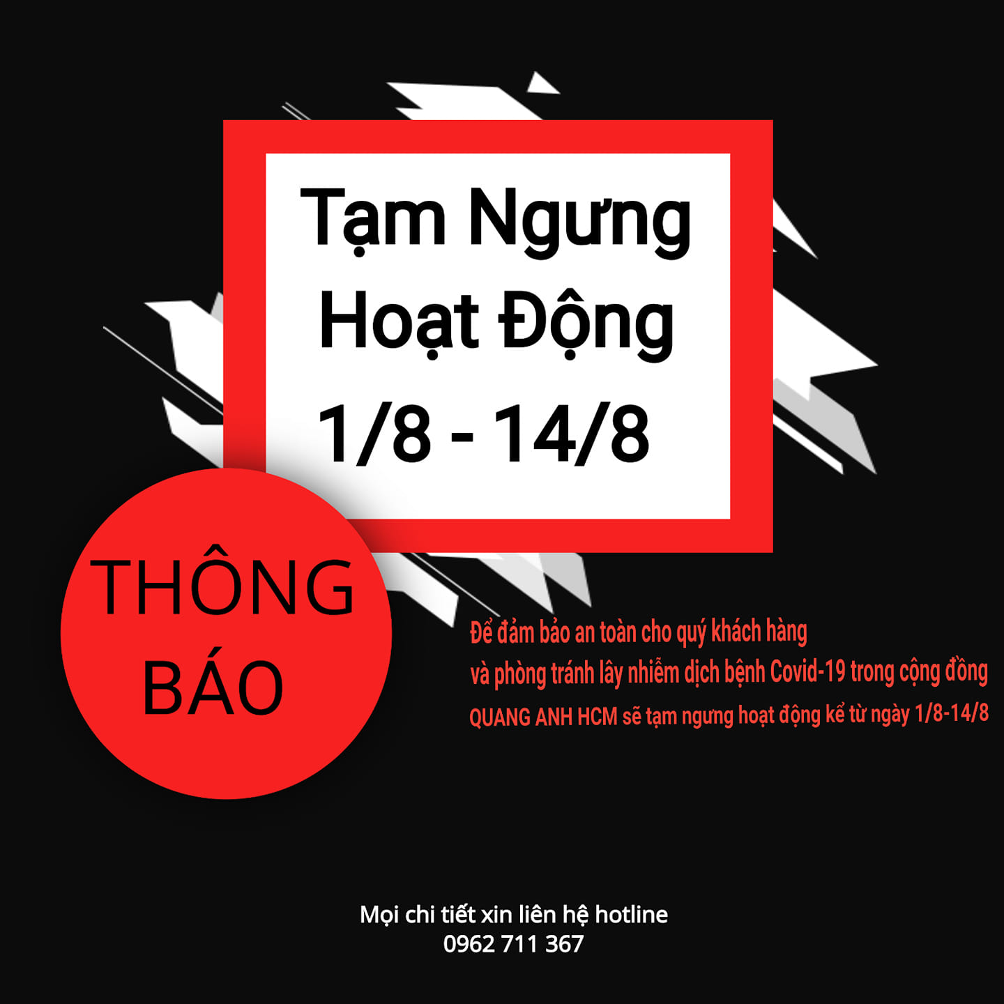 Tạm ngưng hoạt động từ ngày 1/8 - 14/8