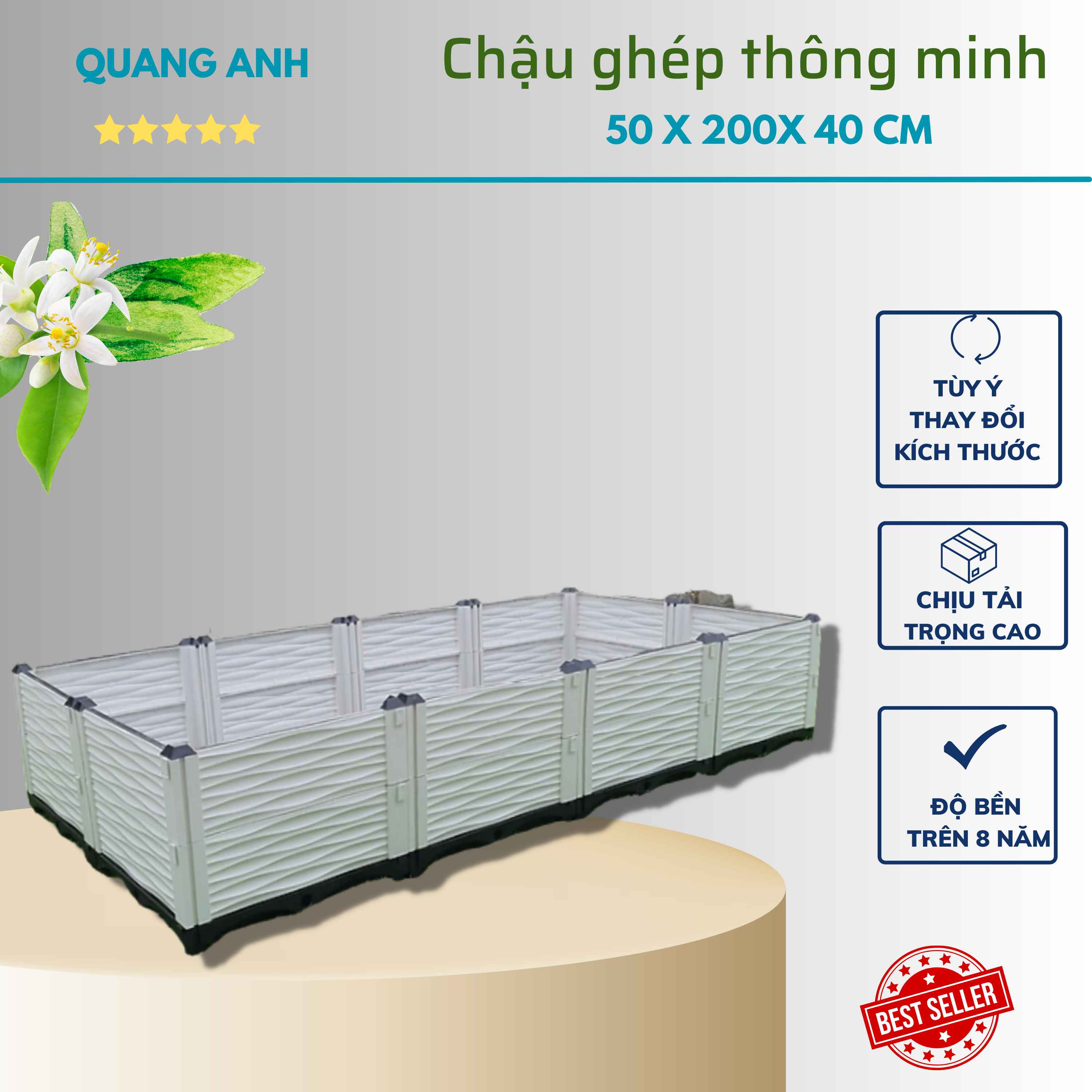 Luống ghép trồng rau sạch thông minh Quang Anh KT 50x200x40cm 