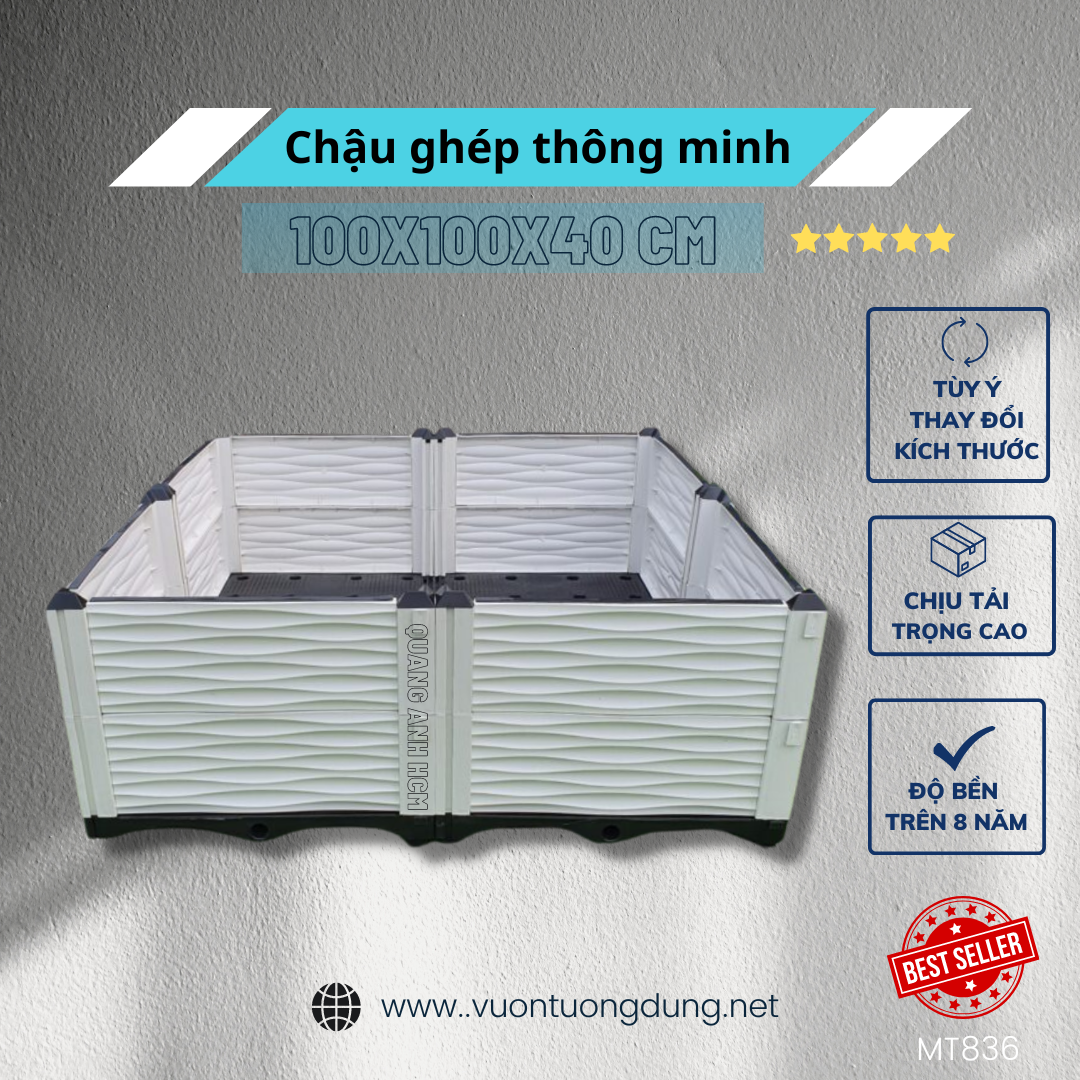 Chậu trồng rau, chậu ghép thông minh 100x100x40 cm màu trắng Quang Anh